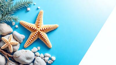 The primary subject of the image is a starfish, which is placed on a blue surface. The setting is a beach, with a rock and a pile of sand visible in the background. The visual style is a photo, capturing the starfish in its natural environment. The colors and mood of the image are predominantly blue, creating a calm and serene atmosphere.