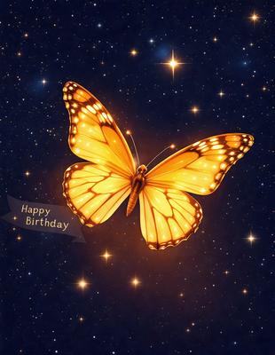 The primary subject of the image is a yellow butterfly. The setting is a night sky, with the butterfly flying in the air. The visual style is a digital art, creating a vibrant and lively atmosphere. The colors and mood of the image are predominantly yellow, which adds a sense of warmth and happiness to the scene.