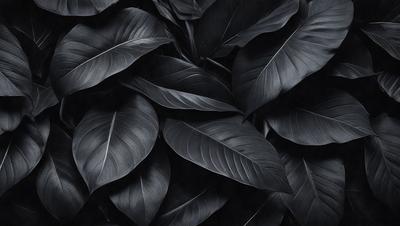 The primary subject of the image is a close-up of a large group of dark green leaves. The leaves are arranged in a dense cluster, creating a visually striking pattern. The setting is a black and white photograph, which adds a timeless and classic feel to the image. The visual style is a high-quality, detailed photograph of the leaves, showcasing their intricate structure and texture. The colors and mood of the image are predominantly dark and moody, with the green leaves serving as a striking contrast against the
