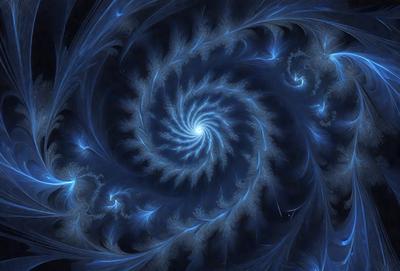 The primary subject of the image is a spiral pattern, which is the main object, scene, or focus of the image. The spiral pattern is set against a blue background, creating a visually striking contrast. The spiral pattern is depicted in a digital art style, giving it a modern and intricate appearance. The overall atmosphere of the image is one of beauty and complexity, with the blue hues adding a sense of depth and tranquility.