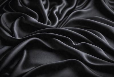 The primary subject of the image is a close-up of a black fabric, possibly a piece of clothing or a curtain. The setting is a dark room, and the visual style appears to be a photo. The dominant colors are black, and the overall atmosphere is mysterious and dramatic.