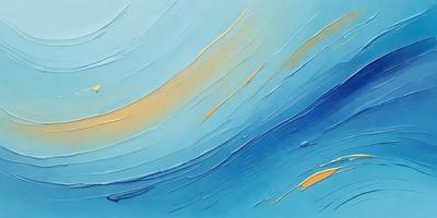 The primary subject of the image is a painting of a blue ocean with yellow and orange streaks. The setting is a blue background, and the visual style appears to be a digital art or illustration. The dominant colors are blue, yellow, and orange, creating a vibrant and lively atmosphere.