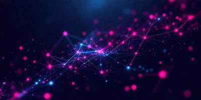 The primary subject of the image is a cluster of brightly colored dots, which are arranged in a visually appealing pattern. The setting is a dark background, which contrasts with the vibrant colors of the dots. The visual style of the image is a combination of digital art and illustration, creating a unique and eye-catching design. The colors and mood of the image are predominantly pink and blue, giving it a lively and energetic atmosphere.