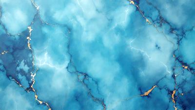 The primary subject of the image is a blue and white marble-like surface with a lightning bolt pattern. The setting is a blue sky, and the visual style appears to be a digital art or illustration. The dominant colors are blue and white, creating a calm and serene atmosphere.