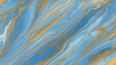 The primary subject of the image is a blue and gold swirling pattern, which appears to be a wallpaper or a decorative design. The setting is a wall, and the visual style is a combination of digital art and illustration. The dominant colors are blue and gold, creating a rich and luxurious atmosphere.