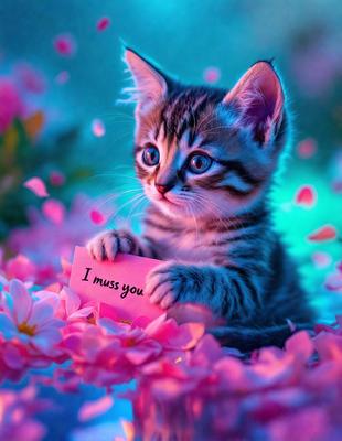 The image features a small kitten sitting in a field of pink flowers. The kitten is holding a pink sign that reads "I miss you." The scene is set in a beautiful, colorful environment, with the kitten being the primary subject. The visual style of the image is a combination of photo and digital art, creating a unique and charming atmosphere. The dominant colors in the image are pink and purple, which contribute to the overall warm and loving mood.
