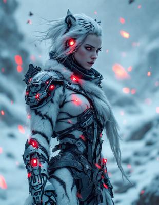 The primary subject of the image is a woman dressed in futuristic armor, standing in a snowy environment. She is wearing a white and black outfit, and her hair is long and white. The setting is a snowy landscape, with a mountain in the background. The visual style of the image is a combination of photo and digital art, creating a unique and intriguing scene. The colors in the image are predominantly white and black, with some red accents, giving the overall atmosphere a sense of mystery and