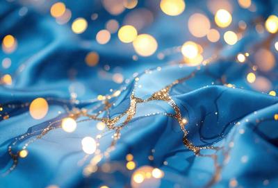 The primary subject of the image is a blue cloth with gold glittery lights shining on it. The setting is a room with a blue background, and the visual style appears to be a photo. The dominant colors are blue and gold, creating a warm and inviting atmosphere.