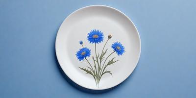 The primary subject of the image is a white plate with a blue flower design on it. The plate is placed on a blue surface, which adds to the overall mood of the image. The visual style of the image is a combination of photo and digital art, creating a unique and eye-catching design. The colors and mood of the image are predominantly blue, with the blue flower design and blue surface creating a calming and serene atmosphere.