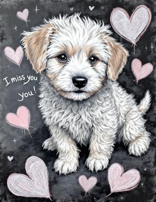 The primary subject of the image is a small white puppy. The setting is a black background, and the visual style is a drawing or illustration. The colors are predominantly white and pink, creating a warm and affectionate atmosphere.