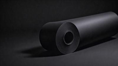 The primary subject of the image is a roll of black material, possibly a piece of fabric or a tape. The setting is a dark background, which emphasizes the contrast between the black material and the surrounding darkness. The visual style appears to be a close-up of the roll, showcasing its texture and details. The colors and mood of the image are predominantly dark, with the black material being the main focus.