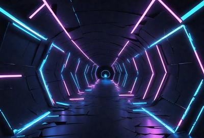 The primary subject of the image is a long, narrow tunnel with a blue and purple lighting effect. The tunnel appears to be made of concrete and has a futuristic, neon-lit atmosphere. The setting is a dark, enclosed space, and the visual style is a combination of photo and digital art. The dominant colors are blue and purple, creating a unique and captivating ambiance.