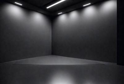The primary subject of the image is a large, empty room with a black wall. The setting is a dark room with a single light source, creating a moody atmosphere. The visual style is a black and white photo, which adds to the dramatic and mysterious feel of the scene. The colors and mood of the image are predominantly dark, with the black wall and the single light source creating a sense of emptiness and solitude.