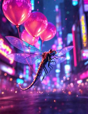 The primary subject of the image is a dragonfly, which is a large, colorful insect with a long body and long legs. The dragonfly is flying in the air, surrounded by a vibrant and colorful cityscape. The setting includes buildings, lights, and a pink sky, creating a lively and energetic atmosphere. The visual style of the image is digital art, as it appears to be a computer-generated or digitally edited image. The colors and mood of the image are bright,