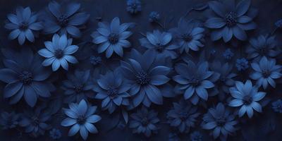 The primary subject of the image is a large blue flower. The setting is a dark blue background, which creates a striking contrast with the flower. The visual style is a close-up of the flower, emphasizing its details and beauty. The dominant colors are blue and black, giving the image a moody and dramatic atmosphere.