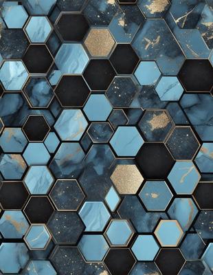 The primary subject of the image is a blue and gold marble tile pattern. The setting is a blue and gold marble tile wall, which serves as the background. The visual style is a close-up of the tile pattern, showcasing the intricate details of the design. The colors and mood of the image are predominantly blue and gold, creating a luxurious and elegant atmosphere.