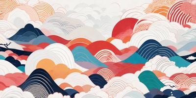 The primary subject of the image is a mountainous landscape with a cloudy sky. The setting is a mountain range with a cloudy sky above it. The visual style is a combination of digital art and illustration, creating a vibrant and dynamic scene. The colors and mood of the image are predominantly blue and red, giving it a lively and energetic atmosphere.