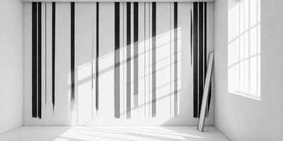 The primary subject of the image is a wall with a black and white striped pattern. The setting is a room with a window, and the visual style appears to be a combination of a photo and a drawing. The colors and mood of the image are predominantly black and white, creating a classic and timeless atmosphere.