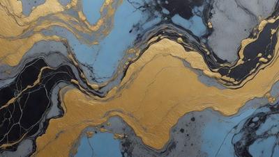 The primary subject of the image is a blue and gold marbled surface, which appears to be a piece of art or a decorative item. The setting is a room with a blue wall, and the visual style is a combination of digital art and illustration. The dominant colors are blue and gold, creating a rich and luxurious atmosphere.