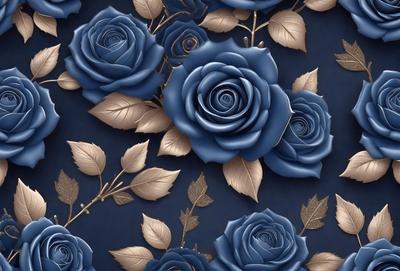 The primary subject of the image is a close-up of a blue rose, surrounded by a pattern of gold and blue leaves. The setting is a blue background, which adds to the overall mood of the image. The visual style is a combination of digital art and illustration, creating a vibrant and detailed representation of the blue rose and its leaves.