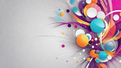 The primary subject of the image is a colorful, abstract design featuring a mix of shapes, colors, and patterns. The setting is a white background, which provides a clean and uncluttered appearance. The visual style is a combination of digital art and illustration, creating a vibrant and dynamic composition. The dominant colors in the image are a mix of bright and bold hues, such as orange, purple, and blue, which contribute to a lively and energetic atmosphere.