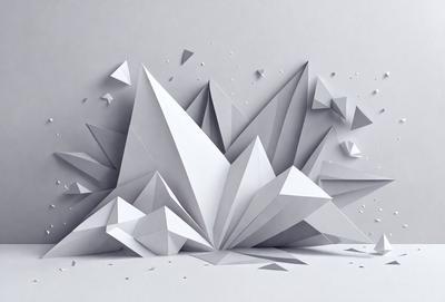 The primary subject of the image is a large, three-dimensional geometric shape made of white paper. The shape appears to be a mountain or a piece of art, and it is the main focus of the image. The setting is a white background, which provides a clean and minimalist appearance. The visual style is a combination of digital art and illustration, as the paper shape is created using a computer or other digital tools. The colors and mood of the image are predominantly white, giving it a clean and modern feel.