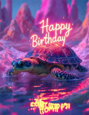 The primary subject of the image is a happy birthday message displayed on a pink background. The message is written in a neon-like font, giving it a vibrant and celebratory appearance. The setting is a pink and purple background, which adds to the festive atmosphere. The visual style is a combination of digital art and illustration, creating a unique and eye-catching design. The colors and mood of the image are predominantly pink and purple, evoking a sense of joy and celebr