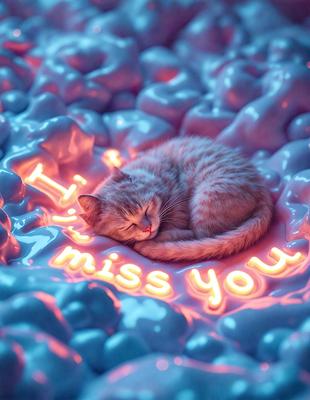 The primary subject of the image is a small kitten sleeping on a pink surface. The setting appears to be a bedroom or a cozy environment, as the kitten is curled up and resting. The visual style of the image is a combination of a photo and digital art, as the kitten is depicted in a unique and creative manner. The colors and mood of the image are predominantly pink and warm, creating a sense of comfort and relaxation.