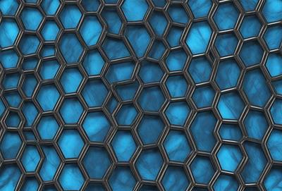 The primary subject of the image is a blue and black patterned surface, which appears to be a textured or patterned material. The setting is a close-up of the pattern, showcasing the intricate design. The visual style is a combination of a photo and digital art, as the image is a close-up of a textured surface. The colors and mood of the image are predominantly blue and black, creating a sense of depth and sophistication.