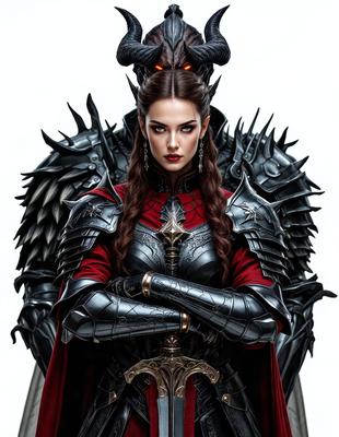 The primary subject of the image is a woman dressed in medieval armor, standing in front of a demonic figure. The setting appears to be a fantasy or mythical scene, with the woman and demonic figure as the main focus. The visual style is a combination of digital art and illustration, creating a dramatic and intense atmosphere. The colors in the image are predominantly dark, with the woman's armor and the demonic figure being the main sources of light. The overall mood of the image is one