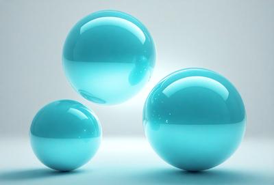 The primary subject of the image is a group of three blue, round, and shiny objects. They are floating in a white, empty space, giving the impression of being in the air. The setting appears to be a simple, minimalistic environment, with no other objects or distractions visible. The visual style of the image is a combination of photo and digital art, as it captures the realistic appearance of the objects while also showcasing their vibrant colors. The overall atmosphere of the image is calm and serene,