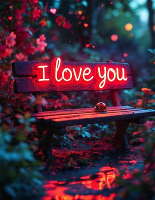 The primary subject of the image is a bench with a neon sign on it that reads "I love you." The bench is located in a forest setting, surrounded by trees and flowers. The visual style of the image is a combination of photo and digital art, creating a unique and eye-catching display. The dominant colors in the image are red and pink, which are used for the neon sign and the flowers, creating a warm and romantic atmosphere.