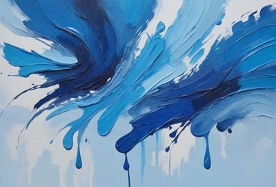 The primary subject of the image is a painting of a blue wave. The setting is a white background, and the visual style appears to be a digital art or illustration. The dominant colors in the painting are blue and white, creating a serene and calming atmosphere.