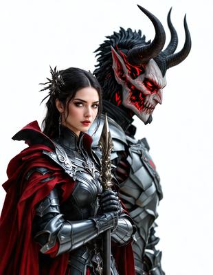 The primary subject of the image is a woman dressed in medieval armor, holding a sword. She is standing next to a demonic-looking creature, possibly a demon or a demonic-themed character. The setting appears to be a fantasy or supernatural environment, with the woman and the demonic figure as the main focus. The visual style of the image is likely to be a digital art or illustration, as it depicts a surreal and fantastical scene. The colors and mood of the image are dark