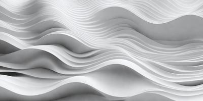 The primary subject of the image is a large, white, curved wall with a wave-like pattern. The setting is a white room, and the visual style appears to be a combination of digital art and illustration. The dominant colors are white and gray, creating a clean and minimalist atmosphere.