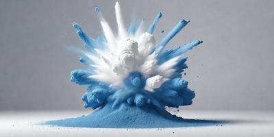 The primary subject of the image is a blue explosion, which appears to be a digital art or illustration. The setting is a white background, and the visual style is a combination of digital art and illustration. The dominant colors in the image are blue and white, creating a sense of energy and movement.