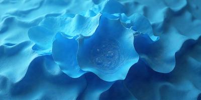 The primary subject of the image is a blue, leather-like flower with a gold center. The setting is a blue background, which creates a striking contrast with the flower. The visual style is a combination of photo and digital art, giving the image a unique and artistic appearance. The dominant colors are blue and gold, creating a sense of elegance and sophistication.