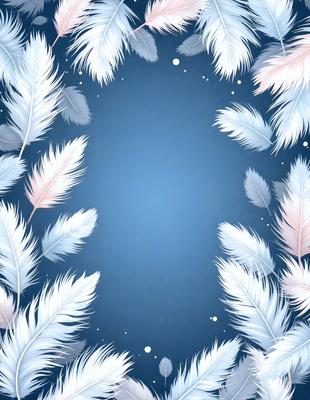 The primary subject of the image is a blue background with white feathers. The setting is a blue sky, and the visual style is digital art. The dominant colors are blue and white, creating a calm and serene atmosphere.