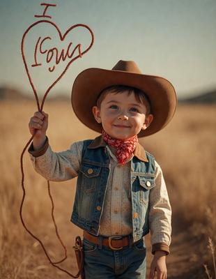The primary subject of the image is a young boy wearing a cowboy hat and holding a heart-shaped balloon. The setting is an outdoor environment, with the boy standing in a field. The visual style appears to be a photo, capturing the boy's joyful expression as he holds the heart-shaped balloon. The colors in the image are predominantly warm and natural, creating a cheerful and inviting atmosphere.