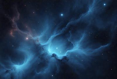 The primary subject of the image is a blue nebula, which is a cloud of gas and dust in space. The setting is a dark, starry sky, with the nebula being the main focus of the image. The visual style is a combination of a photo and digital art, creating a unique and captivating representation of the nebula. The colors and mood of the image are predominantly blue, with a sense of wonder and awe, as the viewer gazes upon the vastness of space and
