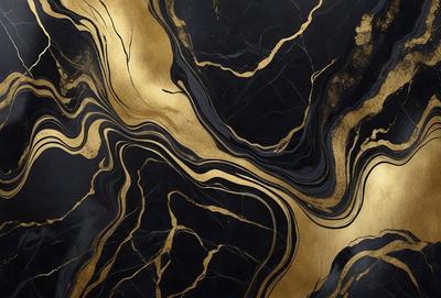 The primary subject of the image is a marble countertop with a gold and black pattern. The setting is a kitchen, and the visual style is a close-up of the countertop. The dominant colors are gold and black, creating a luxurious and elegant atmosphere.
