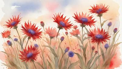 The primary subject of the image is a field of red and blue flowers. The setting is a grassy field with a cloudy sky in the background. The visual style is a painting, with the flowers depicted in a vibrant and colorful manner. The dominant colors are red and blue, creating a lively and energetic atmosphere.