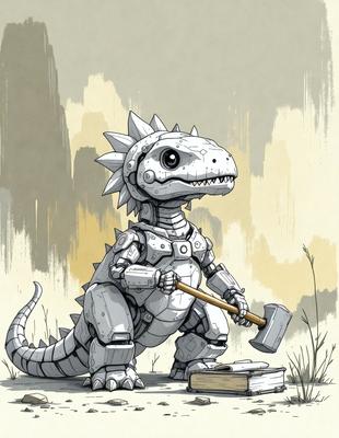 The primary subject of the image is a small robotic dinosaur, which appears to be a mix of a dinosaur and a robot. It is standing on a dirt ground and holding a large hammer in its hands. The setting is a dirt field, and the visual style is a combination of digital art and illustration. The colors and mood of the image are predominantly earthy tones, giving it a somewhat dark and moody atmosphere.