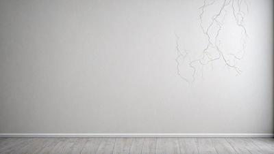 The primary subject of the image is a white wall with a large crack in it. The setting is a room with a wooden floor. The visual style is a photo, and the dominant colors are white and grey, creating a somewhat dull and unappealing atmosphere.