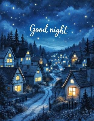 The primary subject of the image is a night scene featuring a small village with houses and a street. The setting is a snowy night, creating a serene and peaceful atmosphere. The visual style is a digital art or illustration, with the houses and street being depicted in a detailed and artistic manner. The colors are predominantly blue and white, with the snow adding a touch of coldness to the scene.