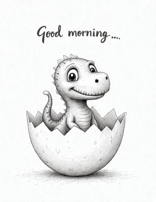 The primary subject of the image is a cartoon dinosaur, specifically a smiling T-Rex, sitting inside an egg. The setting is a white background, and the visual style is a cartoon illustration. The colors and mood are light and cheerful, with the T-Rex's smile adding a playful touch to the scene.