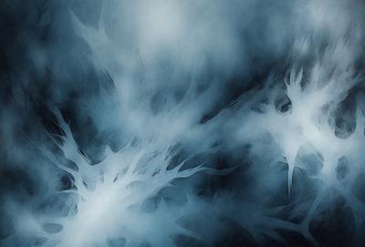 The primary subject of the image is a blue, misty background with a white, frosty-looking substance. The setting appears to be a cloudy sky, and the visual style is a combination of a photo and digital art. The dominant colors are blue and white, creating a serene and somewhat mysterious atmosphere.