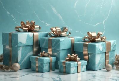 The primary subject of the image is a set of three blue and gold gift boxes. The setting is a marble table, and the visual style is a photo. The colors and mood of the image are predominantly blue and gold, creating a sense of elegance and sophistication.