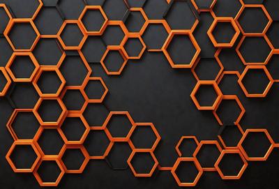 The primary subject of the image is a pattern of hexagons, which are arranged in a honeycomb-like structure. The setting is a black background, which contrasts with the orange honeycomb pattern. The visual style is a combination of digital art and illustration, creating a unique and eye-catching design. The dominant colors are orange and black, giving the image a bold and striking appearance.