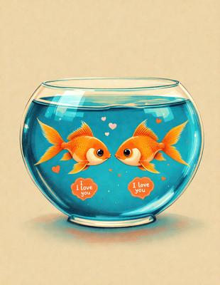 The primary subject of the image is a glass bowl filled with water, containing two orange and white fish. The fish are positioned close to each other, and they appear to be kissing or interacting with each other. The setting is a simple, clean environment, with the bowl being the main focus of the image. The visual style is a combination of digital art and illustration, creating a vibrant and lively atmosphere. The colors and mood of the image are predominantly warm and cheerful, with the orange